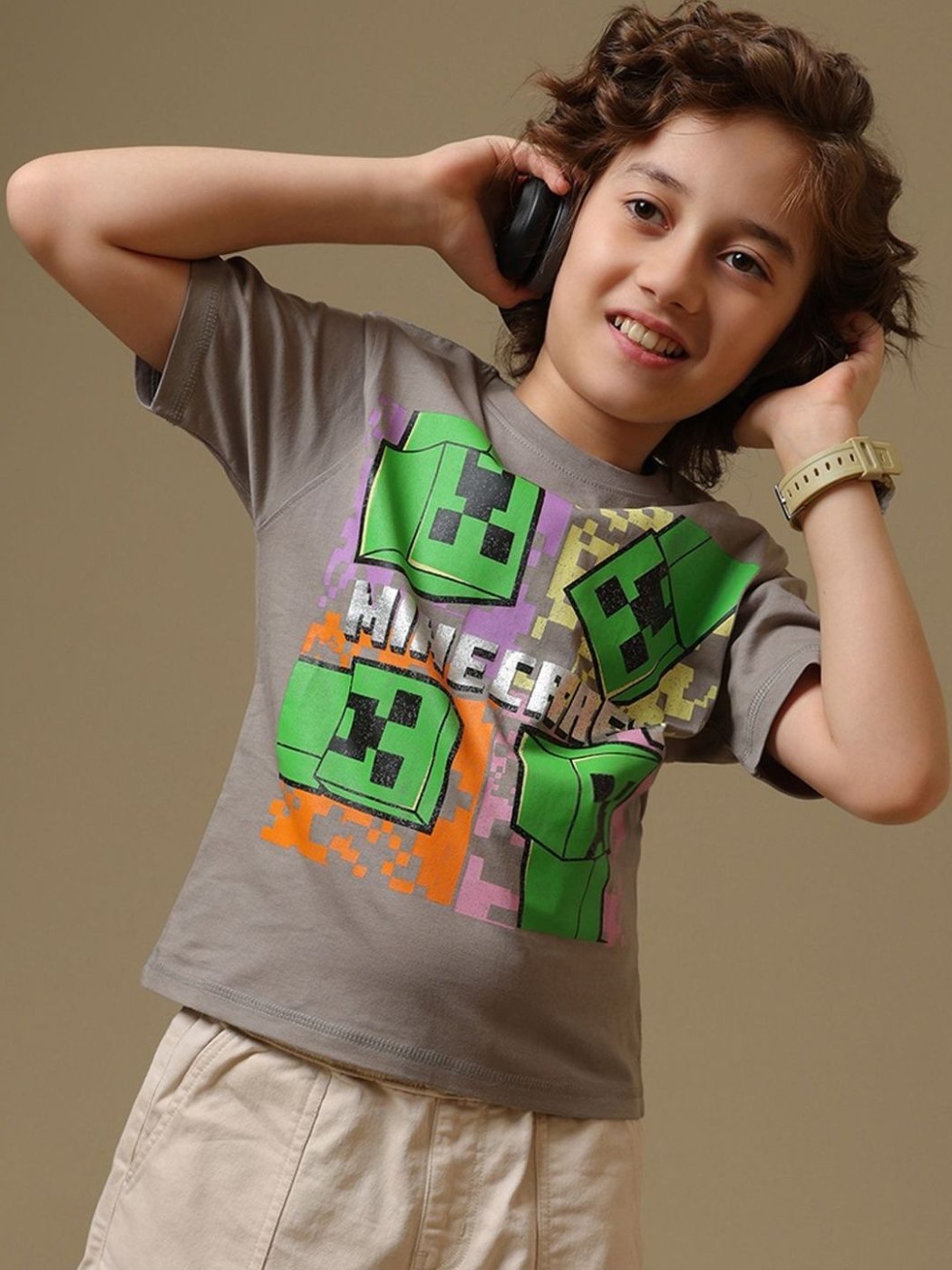 Camiseta Niño Minecraft Fun Time Gris Jaspeado — vista frontal