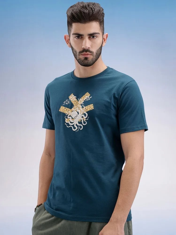 Camiseta Slim Fit Cuello Redondo Metro Line Verde Esmeralda — vista frontal